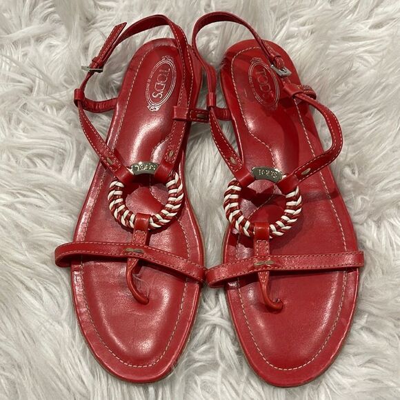 Tod’s Red Leather Sandals Sz 9 1/2 - Picture 1 of 13